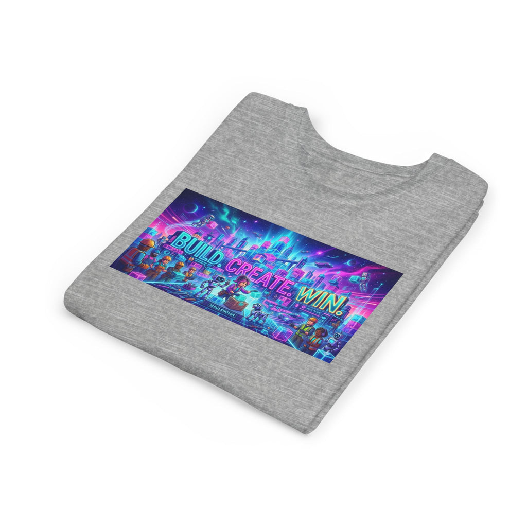 Youth Tee — “BUILD. CREATE. WIN.” Neon Builder City Design