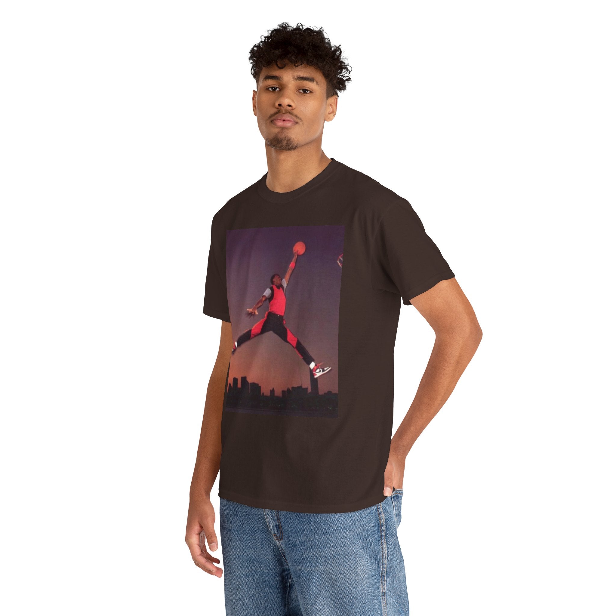 Basketball Jumpman Tee — Retro Skyline Graphic T-Shirt with Red Fist Back Emblem
