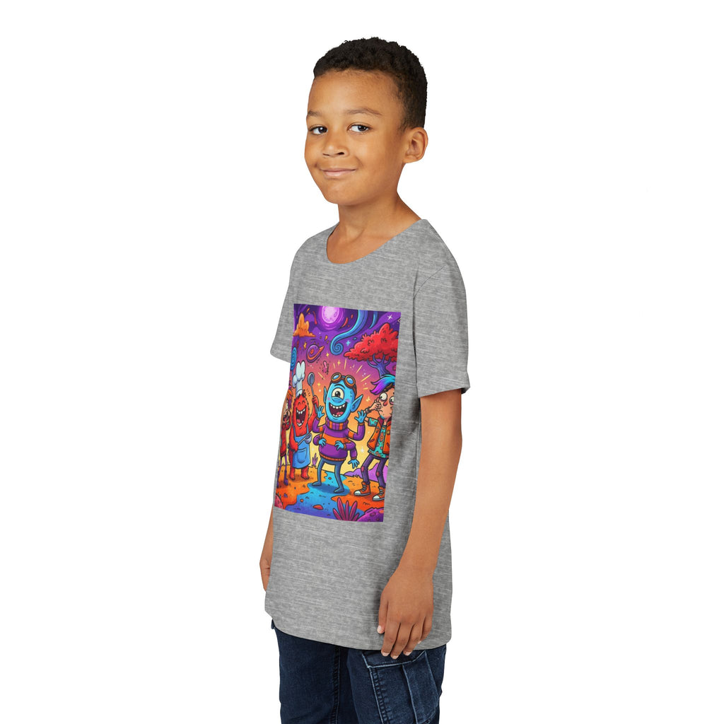 Funny Character Crew Youth Tee — Colorful Crazy Faces Graphic