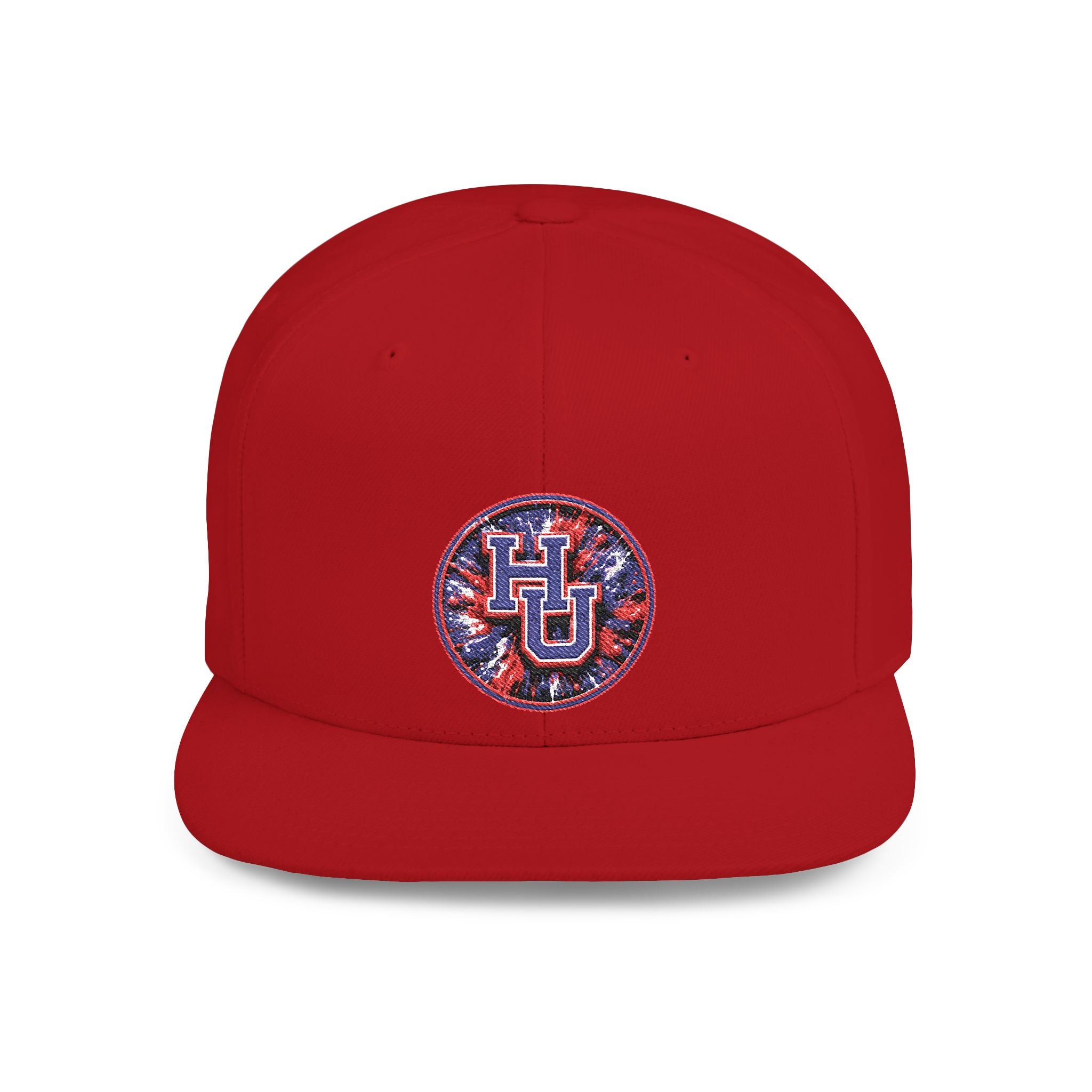 HU Logo Flat Bill Snapback Hat — Red & Blue Sequin Patch Cap