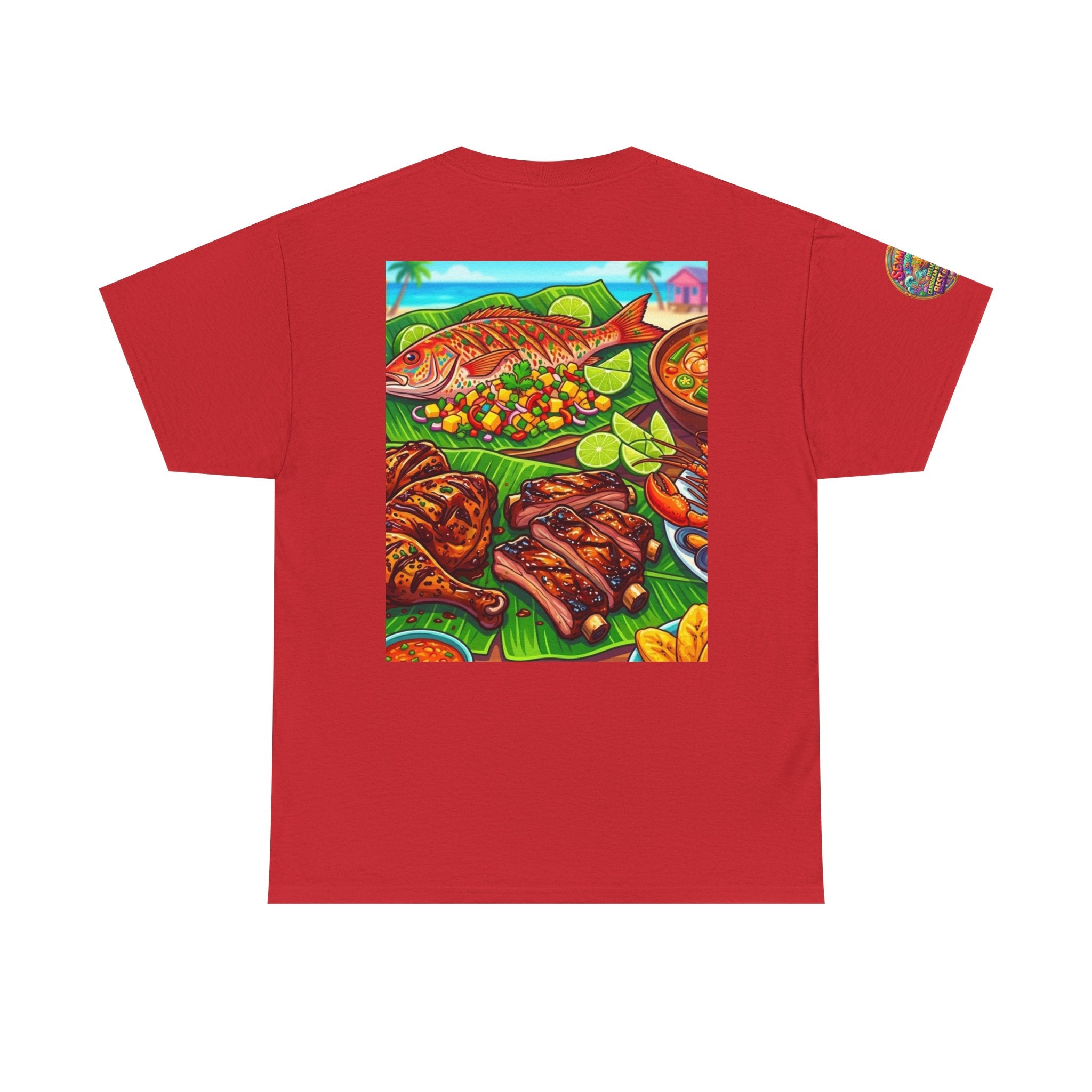 Caribbean BBQ & Seafood Tee — “Seymour’s” Vibrant Island Food Graphic T-Shirt