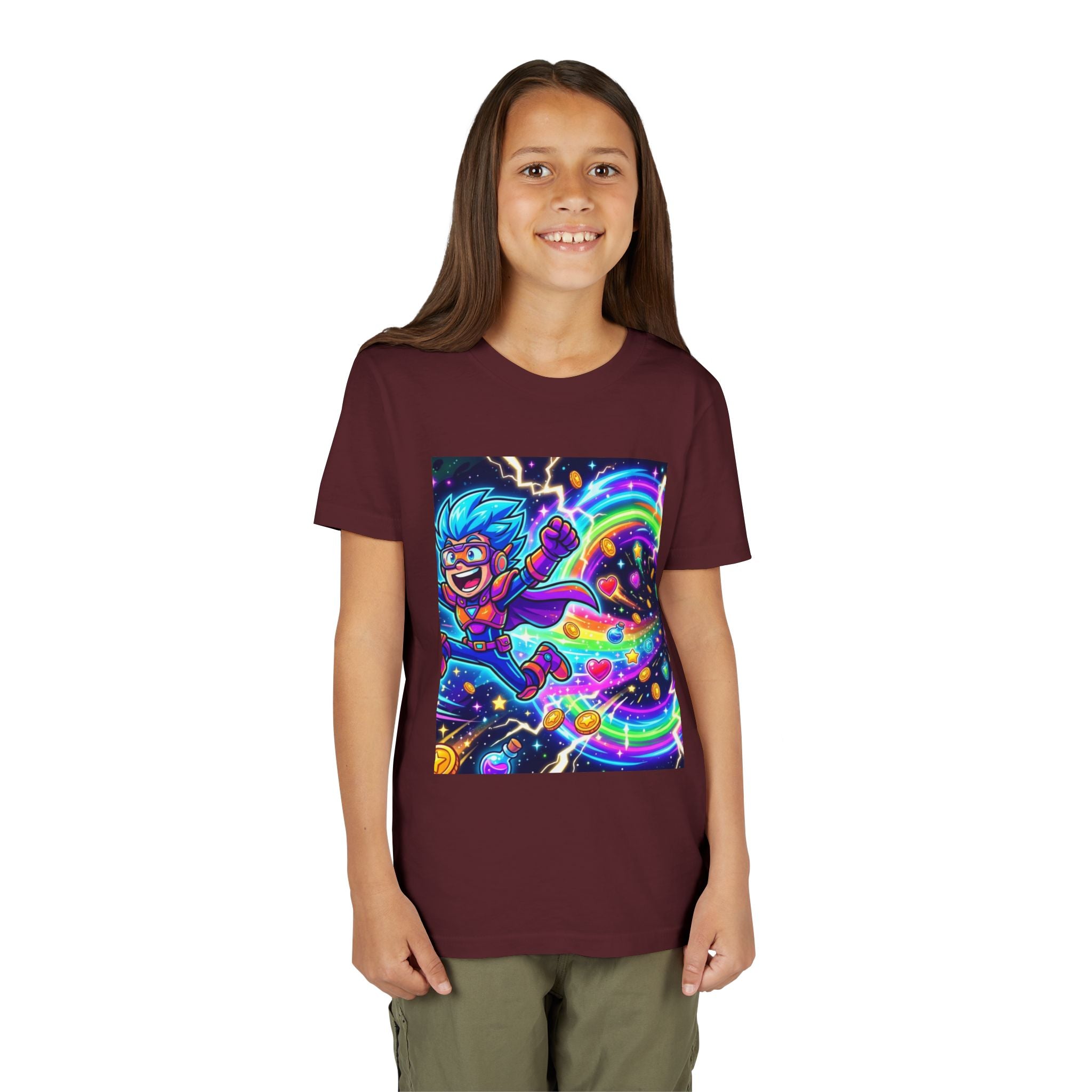 Retro Pixel Explosion Youth Tee — Smiling Avatar, Hearts, Gems & Controllers