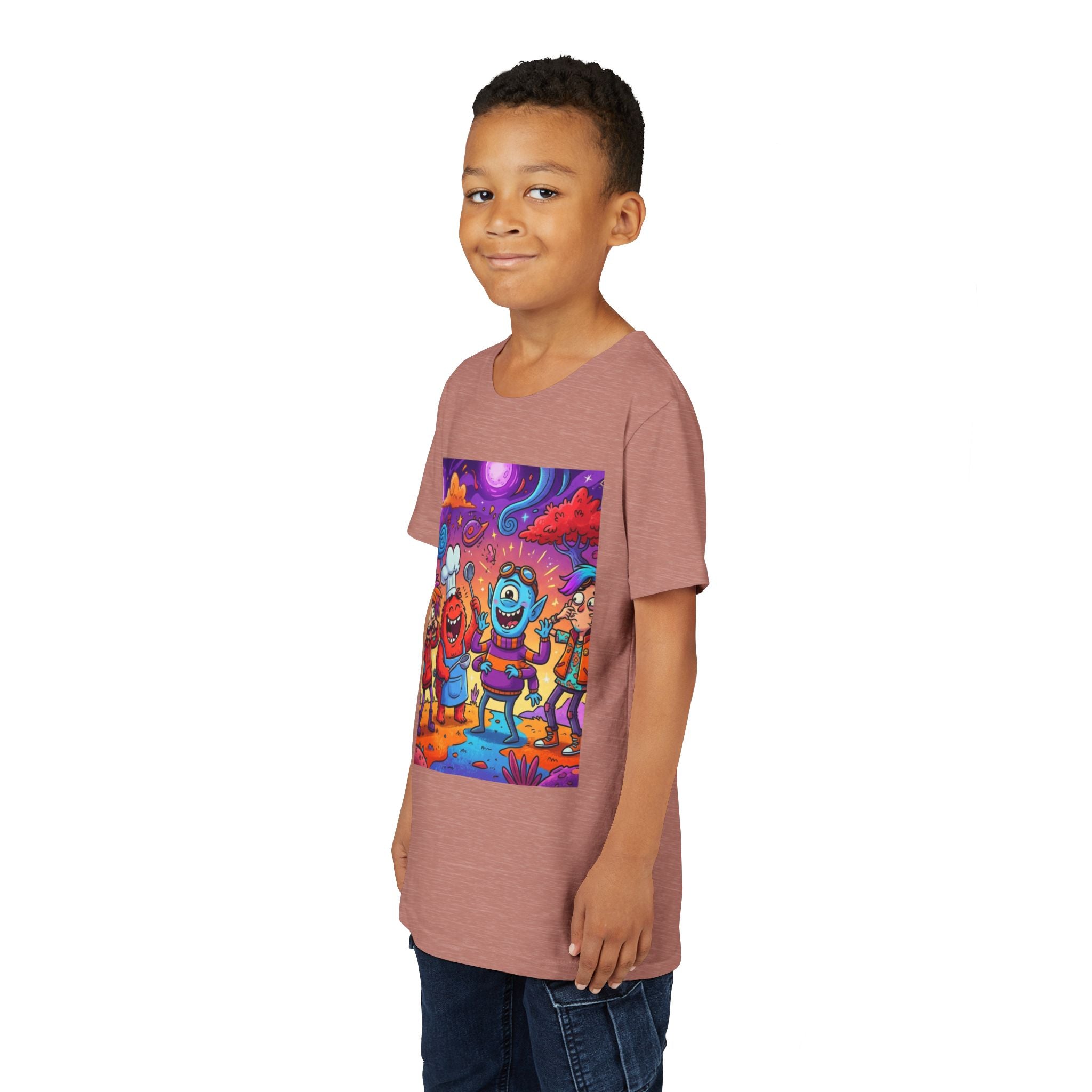 Funny Character Crew Youth Tee — Colorful Crazy Faces Graphic