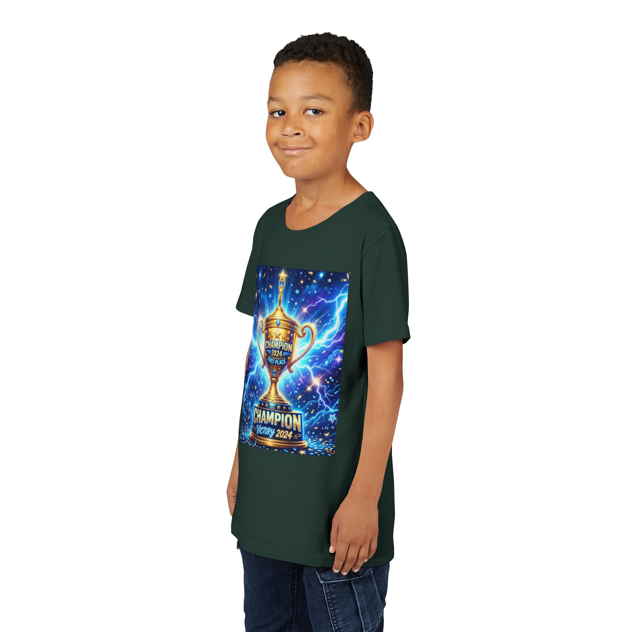 Youth Trophy Lightning Tee — Winning Kids' Short Sleeve Shirt with Stars & Confetti