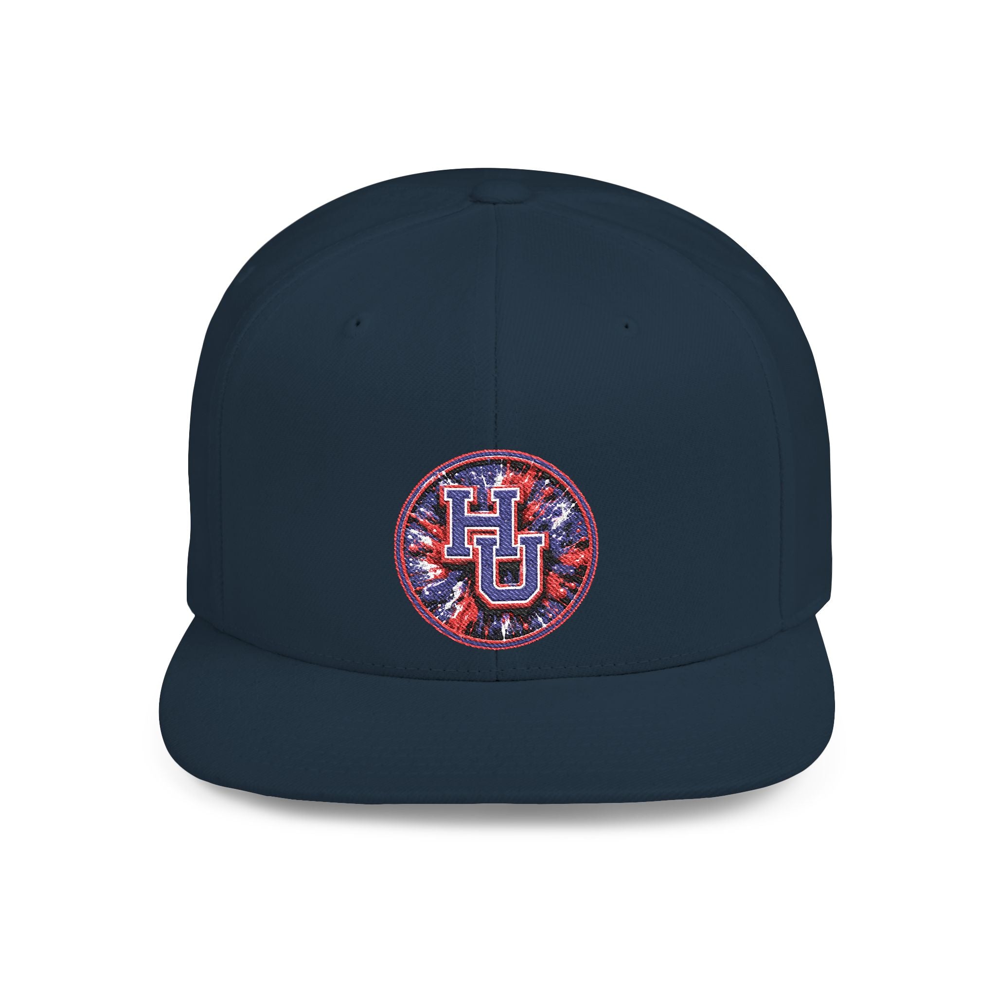 HU Logo Flat Bill Snapback Hat — Red & Blue Sequin Patch Cap