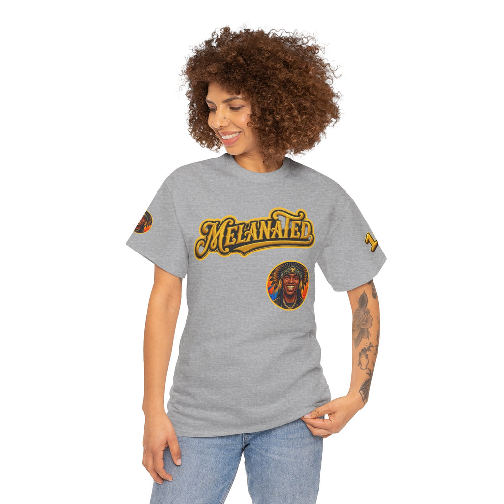 Melanated 19 Graphic Tee — Retro Script Logo & Gold Number Baseball Shirt