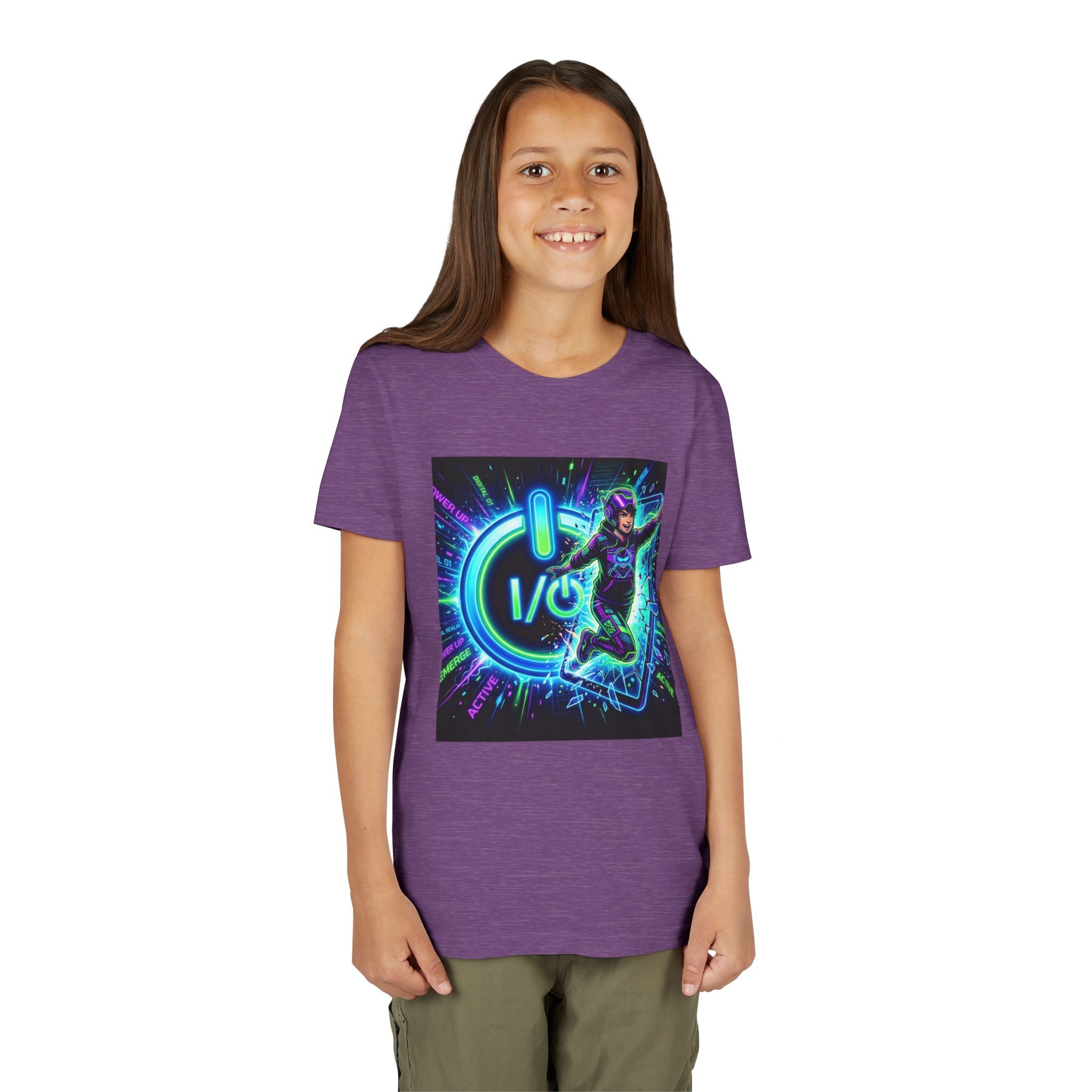 Neon Power Button Tee — Gamer Screen Escape Youth T-Shirt