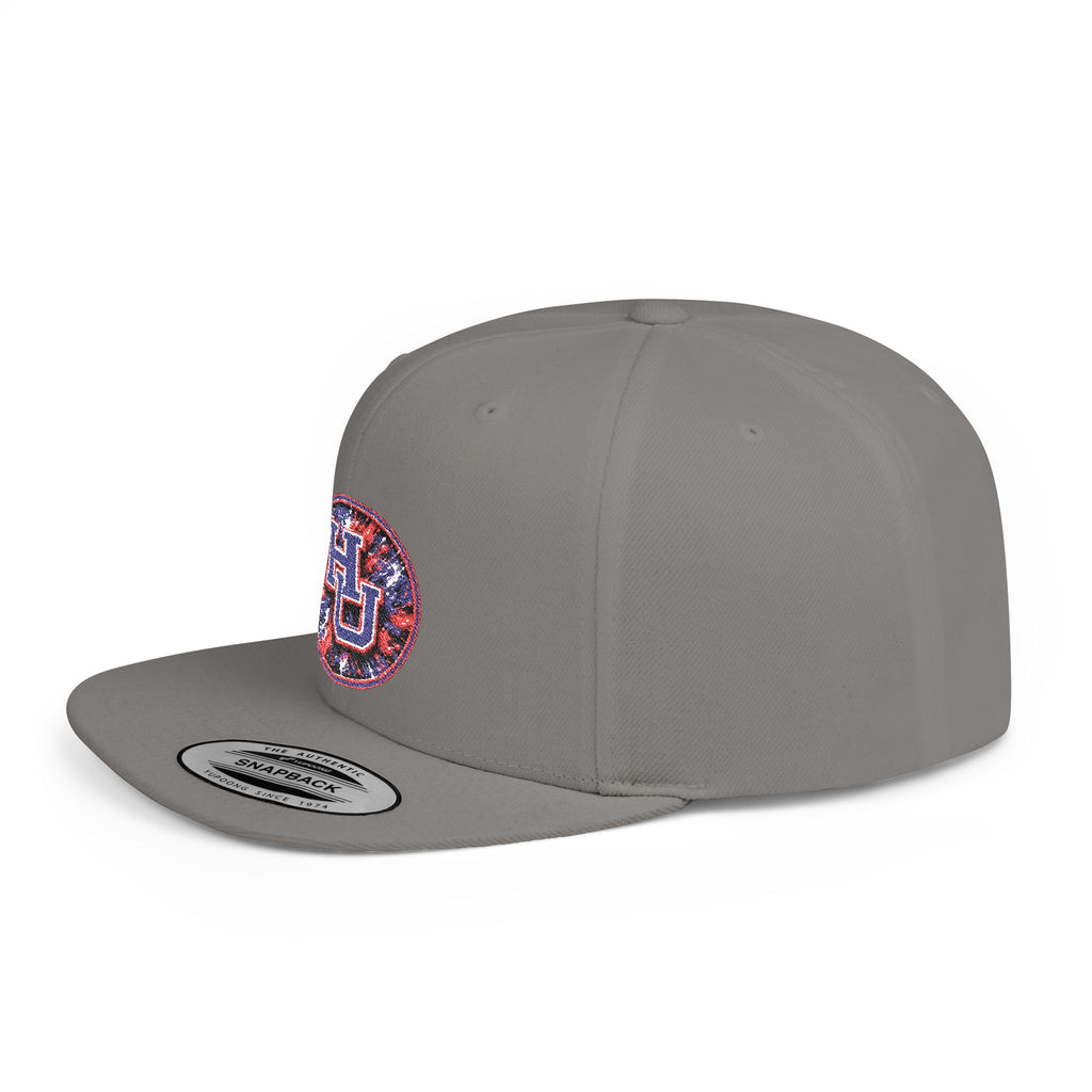 HU Logo Flat Bill Snapback Hat — Red & Blue Sequin Patch Cap
