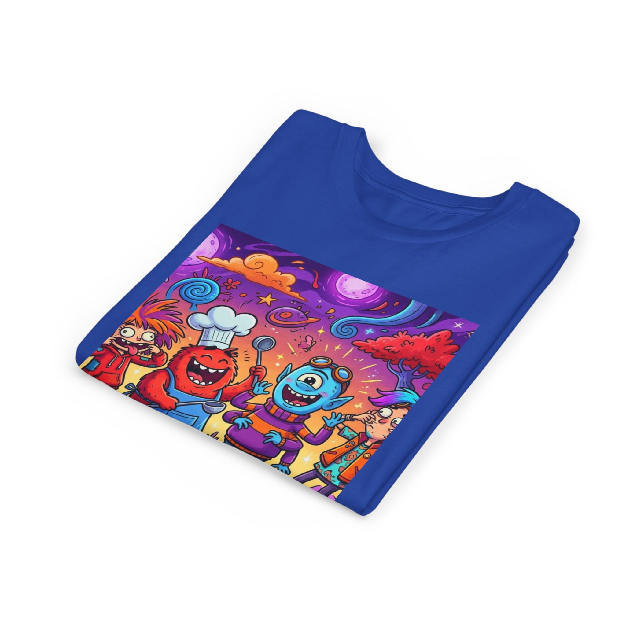 Funny Character Crew Youth Tee — Colorful Crazy Faces Graphic