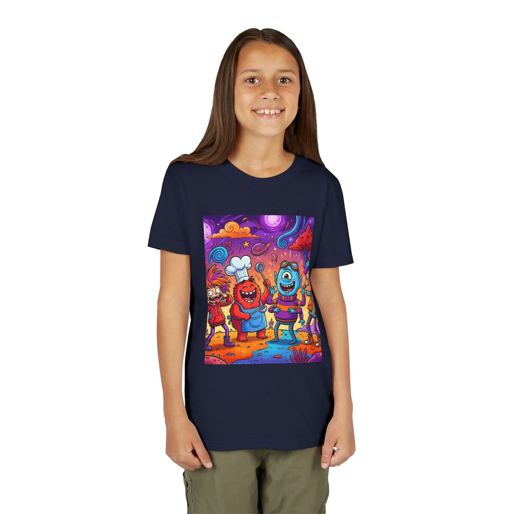 Funny Character Crew Youth Tee — Colorful Crazy Faces Graphic