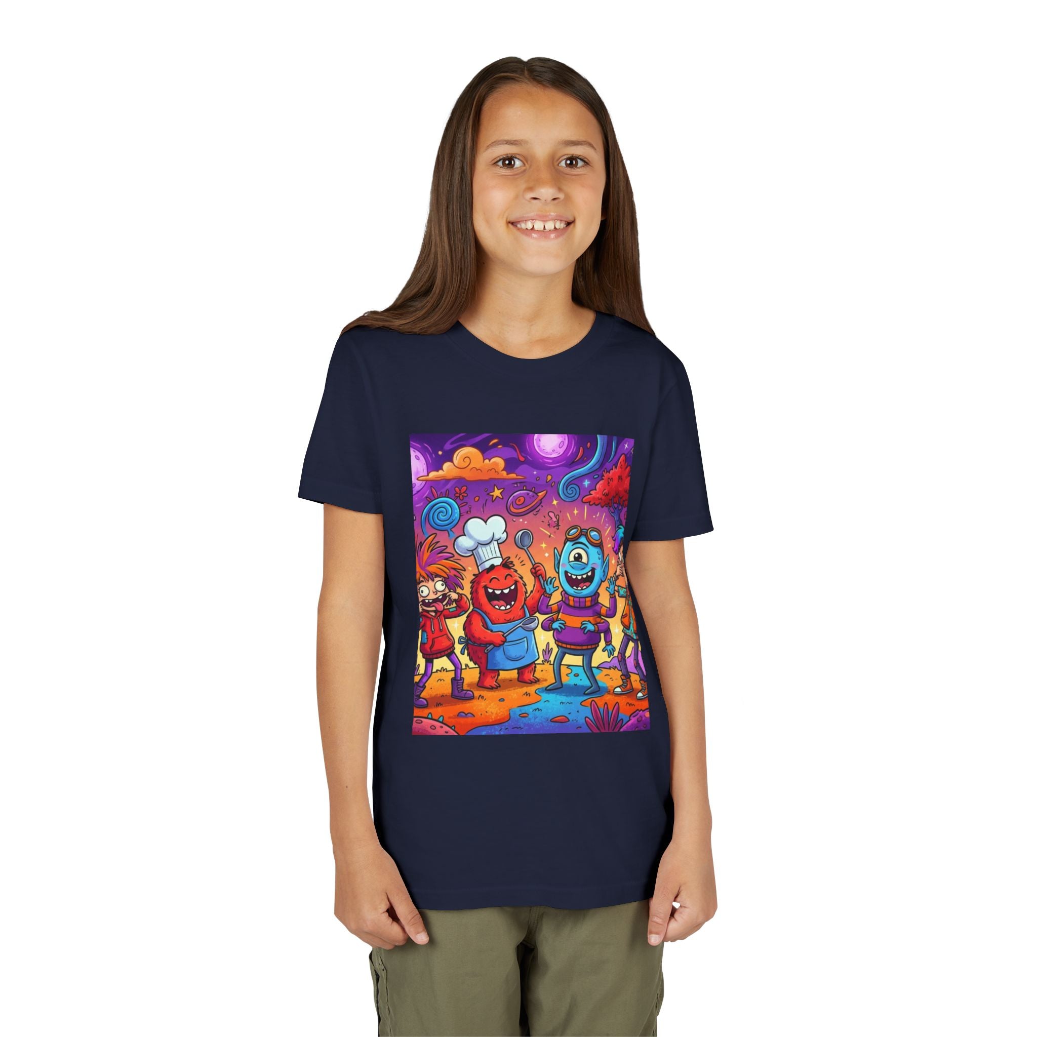 Funny Character Crew Youth Tee — Colorful Crazy Faces Graphic