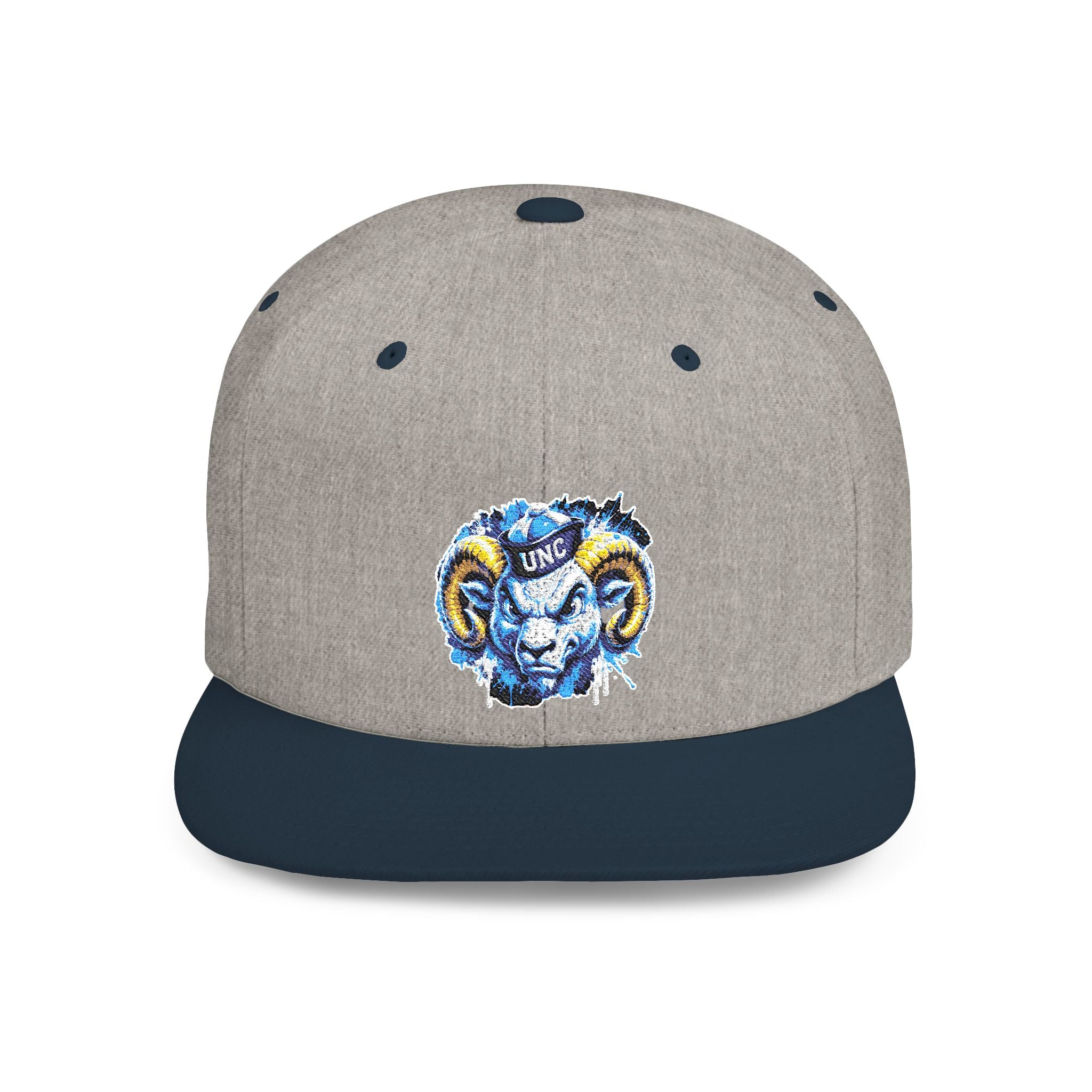 Ram Head Snapback Hat — Blue & Gold Embroidered Flat-Bill Cap