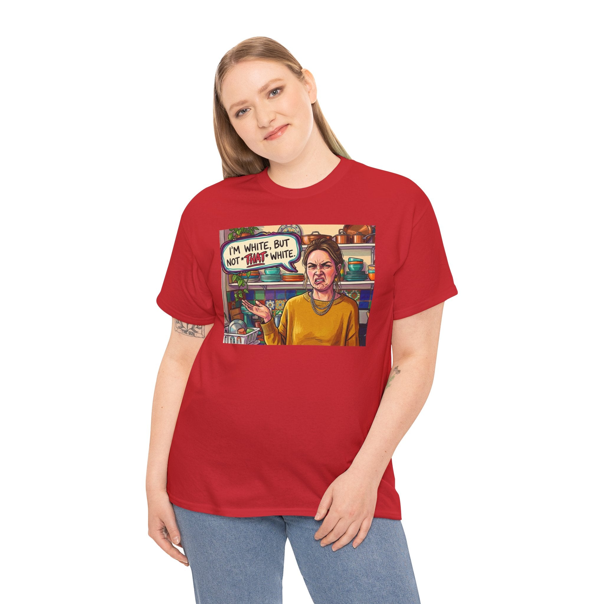 Graphic Tee — "I'm White, But Not THAT White" Illustration with Back Raised Fist Logo